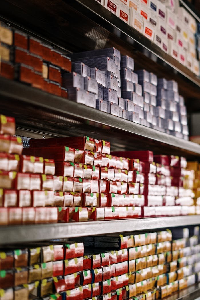 about-01 Vertical shot of neatly stacked colorful hair dye boxes on salon shelves, ideal for beauty industry visuals.